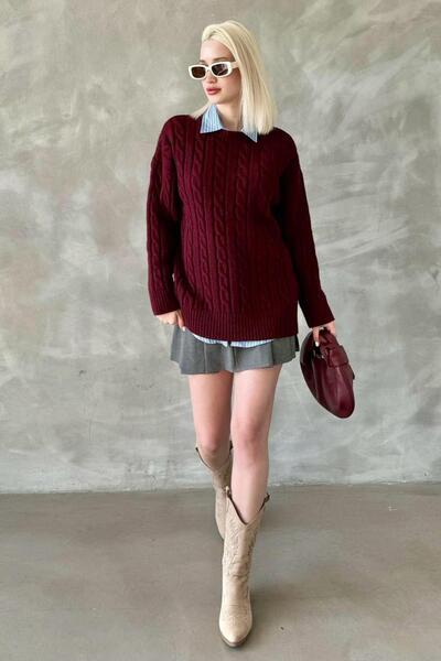 Madmext Bordo Bisiklet Yaka Örgülü Triko Kazak Mg2336