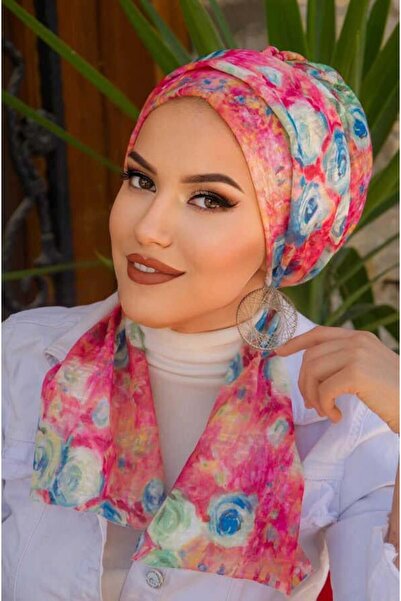 Aişe tesettür Mavi Çiçek Desenli Atkılı Bone