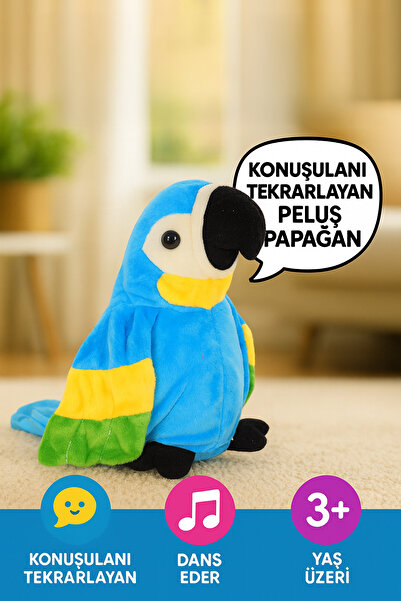 hak-iş oyuncak Dans Eden 25 Cm Mavi Renkli Peluş Papağan Oyuncak - Müzikli , Konuşmaları Tekrar Eden