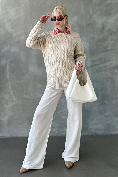 Madmext Ekru Bisiklet Yaka Örgülü Triko Kazak Mg2336