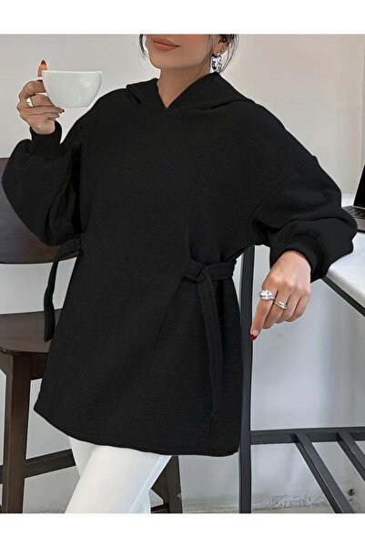 caddekombin Kadın Kapüşonlu Özel Tasarım Kuşaklı Siyah Sweatshirt