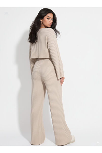 LEONE KOLEKSİYON Set de pantaloni crop top și pantaloni cu picioare largi pentru femei, culoare piatră material reiat din material subțire guler rotund