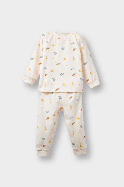DeFacto Baby Boy 4-Piece Pajama Set Safari Printed Long Sleeve Combed Cotton Top Long Bottom (25 Au)