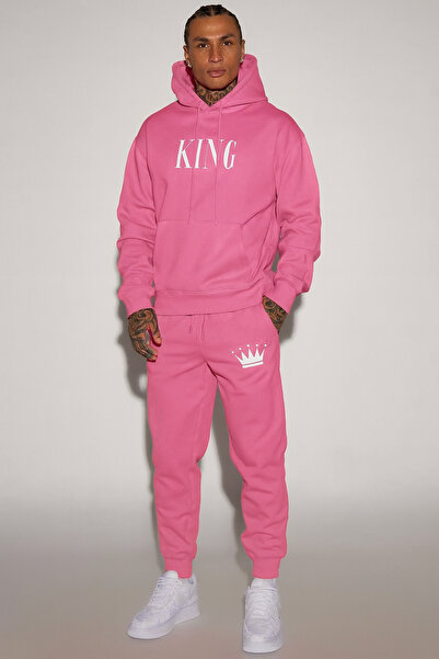 CLASSY.MODA Σετ φόρμας Unisex με 3 κλωστές, κουκούλα, τσέπες καγκουρό, στάμπα KING και λεπτομέρεια κορώνας