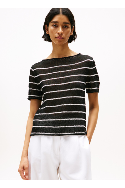 Tommy Hilfiger Yuvarlak Yaka Standart Çizgili Siyah Kazak Kadın WW0WW465220AR