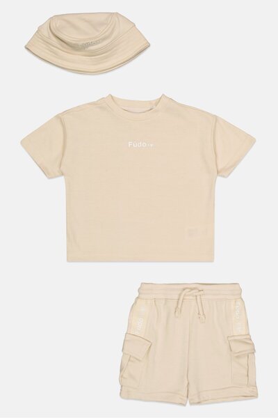 Fudo Toddlers Boy 3Pcs Short Sleeve Top And Shorts Set, Beige