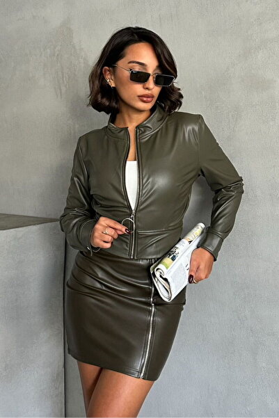 Caddebostan Moda Khaki Women's Leather Crop Jacket with Ring Detail