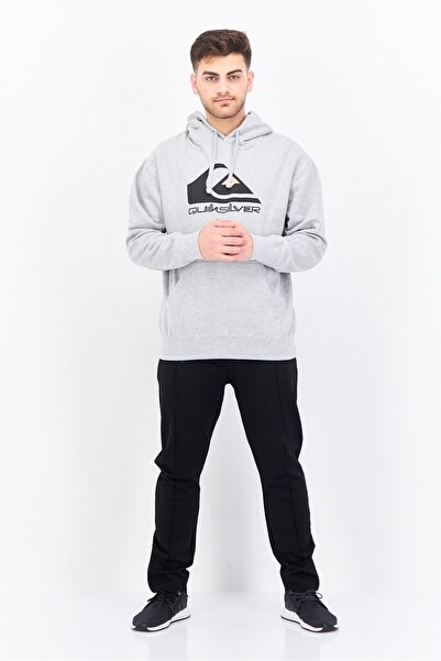 Quiksilver Men Hood With Drawstring Brand Logo Long Sleeve Sweatshirts, Heather Grey