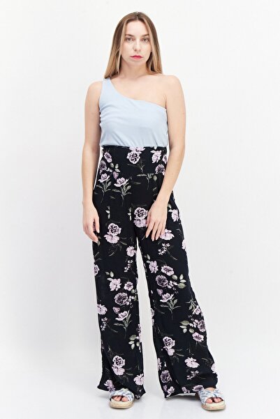 Three Dots Women Floral Printed Palazzo Pants, Black Combo