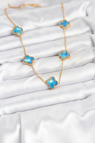 Lisinya 316L Steel Chain Gold Ice Blue Color Clover Necklace -