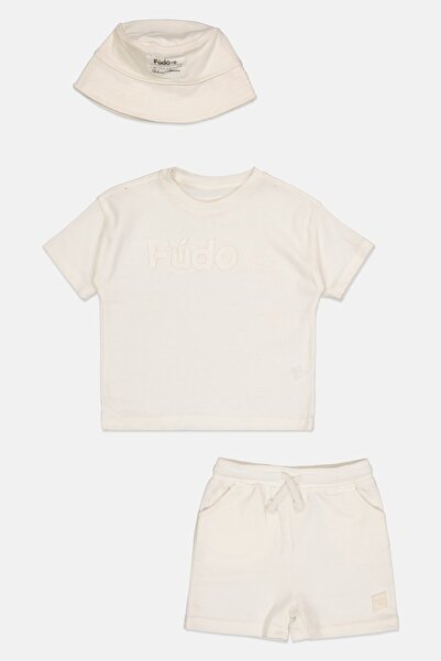 Fudo Toddlers Boy 3 Pcs Solid T-Shirt, Short And Bucket Hat Set, Off White