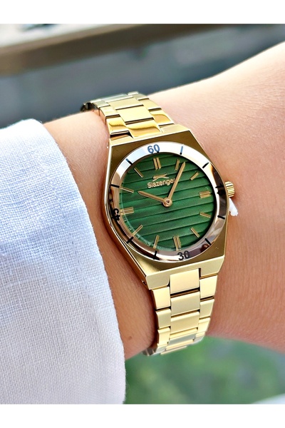 Slazenger Steel Band 5 Atm Water Resistant Gold-Green Color Women Wristwatch 2470Mr