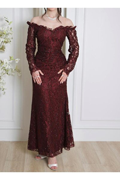 JOUNGIER Soft burgundy long sleeve evening dress