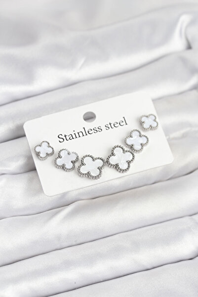 Lisinya 316L Steel Silver White Color 3 Size Clover Earring Set - Tygoo