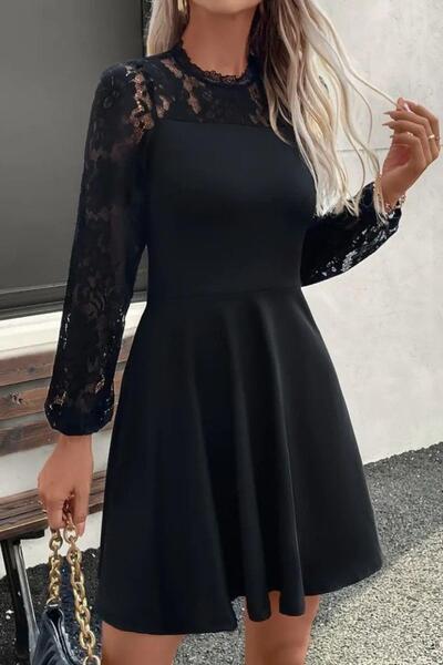 Mossta Lace Long Sleeve Crepe Flared Dress - Black