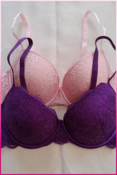 Veille 2'li Ekonomik Pembe-Mor Ultra Hafif Balconet Sütyen, C ve B Cup Balenli Yarım Dolgulu Sütyen Takım