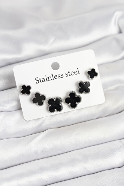 Lisinya 316L Steel Silver Black Color 3 Sizes Clover Earrings Set - Tygoo