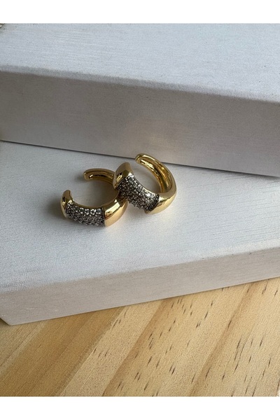 Vip Altın Kaplama Bombeli Yarım Suyolu Çift Renk Ear Cuff Küpe