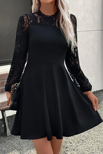 Mossta Lace Long Sleeve Crepe Flared Dress - Black