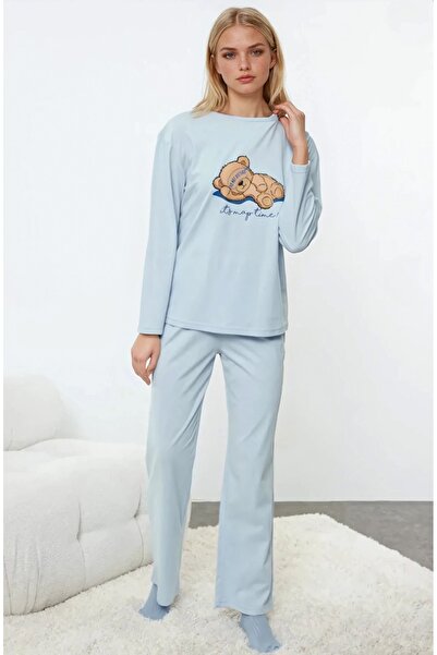 CARLA MARA Teddy Bear Printed Blue Long Sleeve Pajama Set