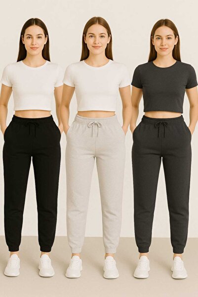 TREND ALİSSE 3 ΤΕΜΑΧΙΑ ΜΑΥΡΟ-ΓΚΡΙ-ΑΝΘΡΑΚΙΤΙΚΟ Παντελόνι Jogger με Κανονική Εφ...