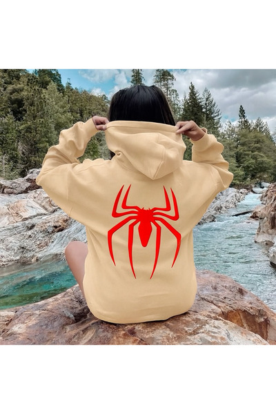 CLASSY.MODA Unisex 3 Thread Hooded Sweatshirt with Kangaroo Pocket Back Large Red Spider Printed