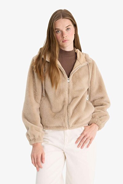 DeFacto Regular Fit Polar Astarlı Kapüşonlu Fermuarlı Suni Kürk F2148AX25WN