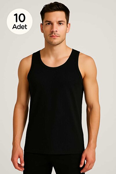 GÜMÜŞ Black Strap Men's Tank Top Premium 10 Pieces 100% Cotton