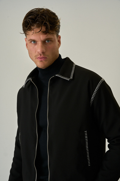 Rogyi Tekstil Men's Black Zippered Casual & Classic Coat Jacket with Stitching Detail