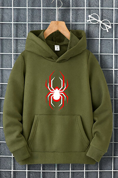 CLASSY.MODA Unisex Kangaroo Pocket 3 Thread Hoodie Modern Spider Print with Hood in White and Red Detail