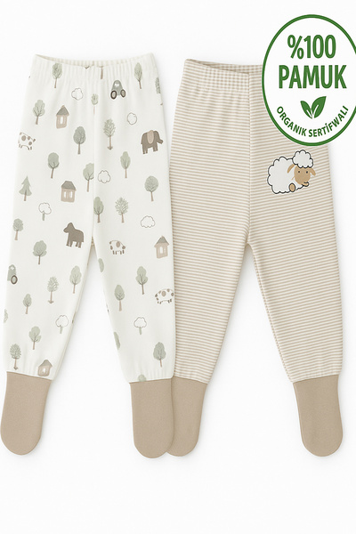 Melekpare Bebek&Çocuk Organik Patikli Pantolon Kendinden Çoraplı Alt Pijama Mevsimlik Pamuk 2'li Set