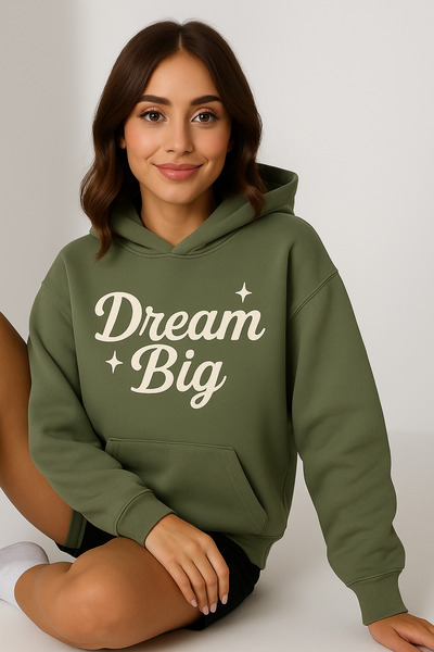 CLASSY.MODA Women's Hooded Kangaroo Pocket Oversize Sweatshirt with Dream Big Lettering on Front Casual Daily Style