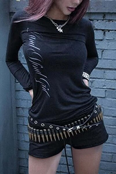 Karakedi Black Gothic Back Printed Wing Wide Neck Y2K Long Sleeve Crop