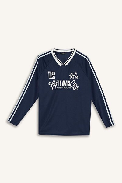 DeFacto Coool Oversize Широкий крій V-подібний виріз з принтом Довгий рукав Футболка F8752AX25AU