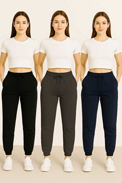 TREND ALİSSE 3 ΤΕΜΑΧΙΑ ΜΑΥΡΟ-ΜΠΛΕ-ΑΝΘΡΑΚΙΤΙΚΟ Φούτερ Jogger με Κανονική Εφαρμ...