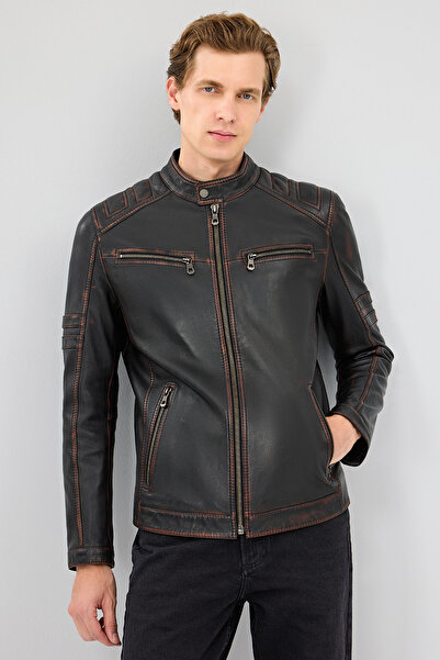 Derimod Leonard Men's Brown Vintage Slim-Fit Leather Jacket 25Wgf6582Vd