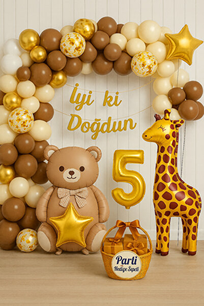 parti hediye sepeti Ayı ve Zürafa Temalı Doğum Günü Parti Seti | Gold Balonla...