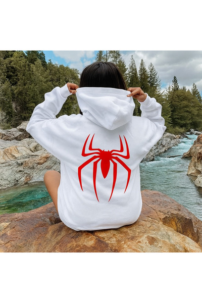 CLASSY.MODA Unisex 3 Thread Hooded Sweatshirt with Kangaroo Pocket Back Large Red Spider Printed