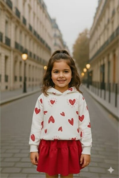 Tiny Kız Çocuk Kalpli Kapüşonlu Sweetshirt Ve Etek Alt Üst Takım