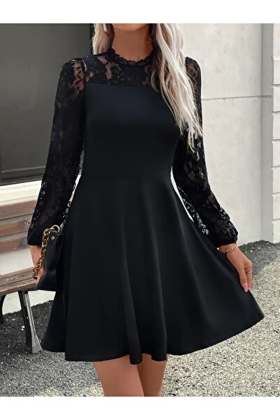 Monapera Kadın Uzun Kollu Dantelli Kloş Mini Ithal Krep Elbise