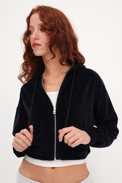 Addax Zippered Velvet Cardigan H10507