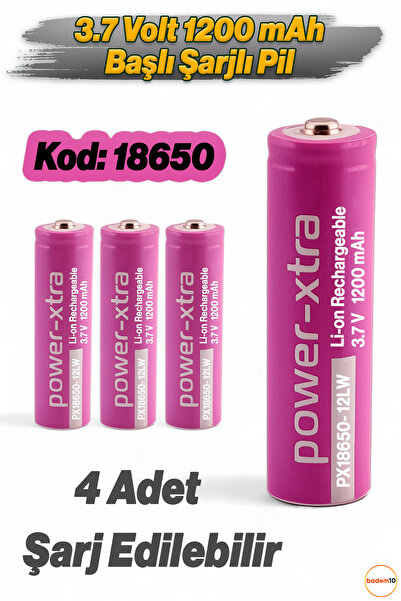 Badem10 4 Adet Pembe PX18650-12LW 3.7V 1200mAh Li-Ion Şarjlı Pil Y25D015 Tekr...