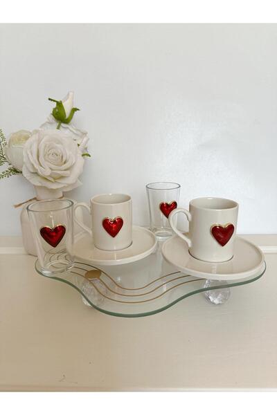 WERONY Two Person Coffee Cup Set with Heart Shape, 6 Pieces, 2 Cup Set, 2 Coffee or Water Glasses