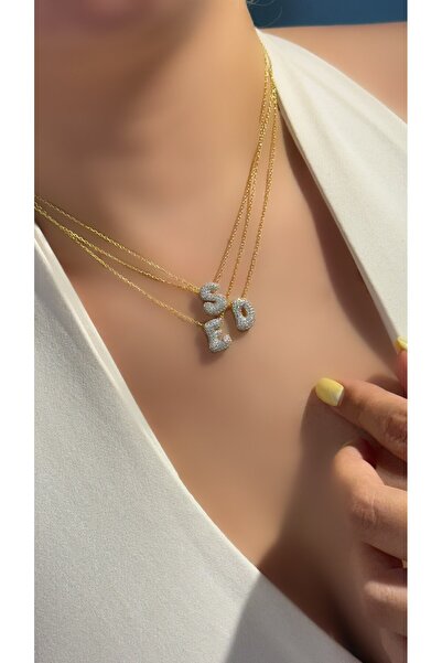 Luna Argento Bombeli Taşlı TEK Harf Kolye Harfli Kolye Isim Kolye Trend Kolye Sevgiliye Hediye Tüm Harfler Mevcut