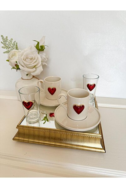 WERONY Two Person Coffee Cup Set with Heart Shape, 6 Pieces, 2 Cup Set, 2 Coffee or Water Glasses