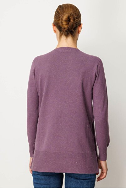 Desen Triko Women's Crew Neck Seamless Side Buttoned Glitter Sweater Purple