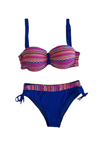 hazelin Women's Pink Saks Blue Ethnic Patterned Lined Bikini Set Hzl25S-Lc22626