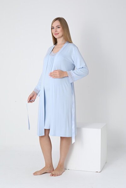 Miss Dünya Lissa Lace Detailed Dressing Gown V-Neck Midi Length Maternity and Postpartum Nightgown Set