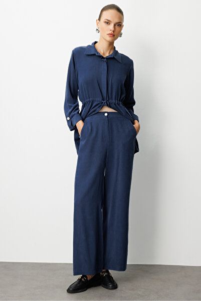 Mizalle Geniş Paça Beli Lastikli İndigo Mavi Cupro Pantolon