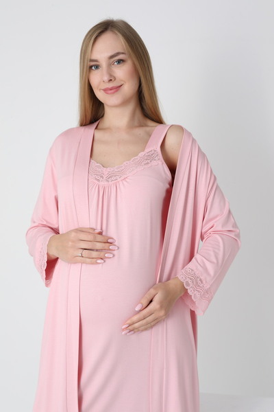 Miss Dünya Lissa Lace Detailed Dressing Gown V-Neck Midi Length Maternity and Postpartum Nightgown Set